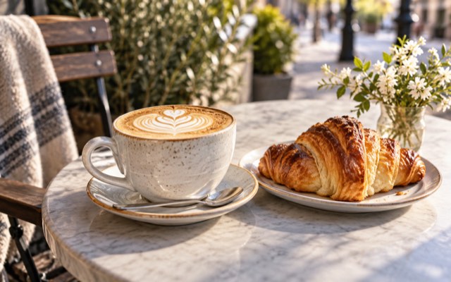 Coffee and a pastry at a cafe — illustrative image, not the actual location