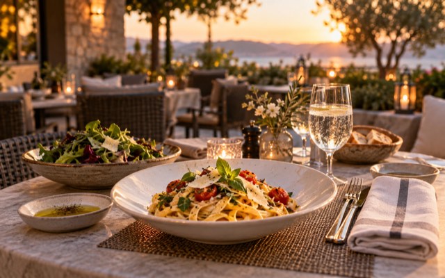 A restaurant meal on an inviting patio — illustrative image, not the actual location