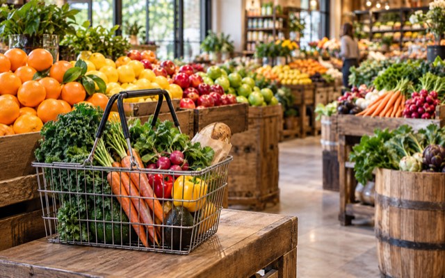Fresh produce and a grocery basket — illustrative image, not the actual location