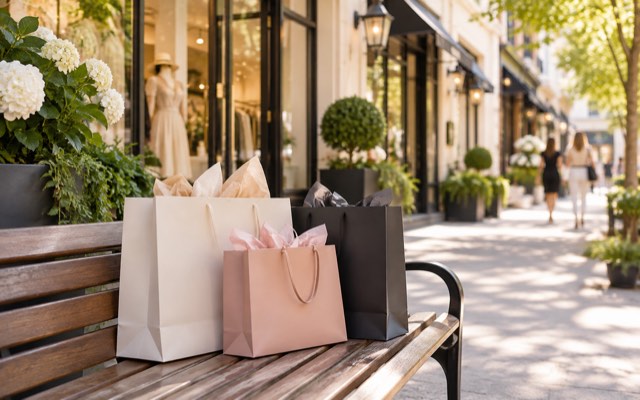 Shopping bags near boutique storefronts — illustrative image, not the actual location